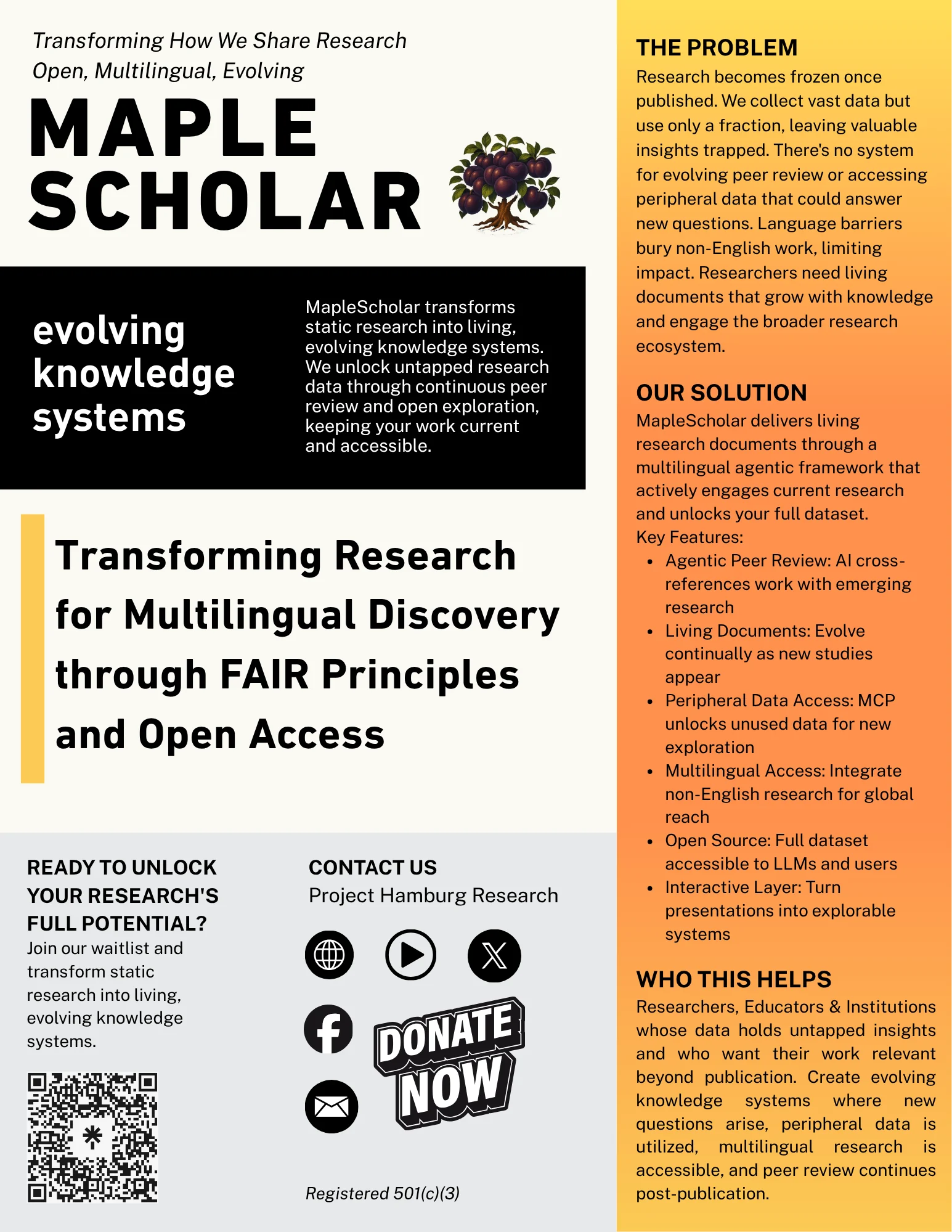 MapleScholar one-page brochure: Transforming how we share research. Open, multilingual, evolving. The problem, our solution, key features, and who it helps.